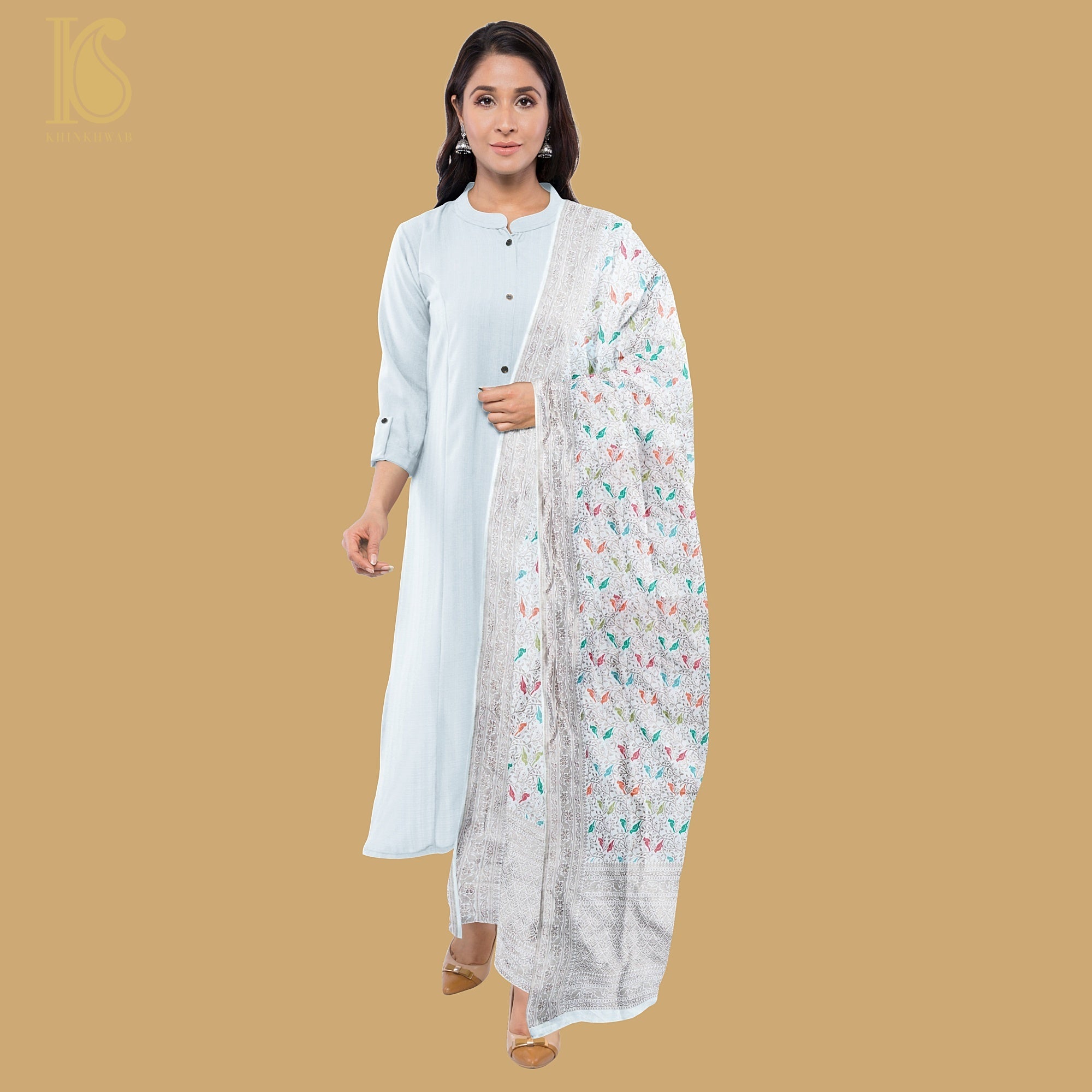 White Pure Katan Silk Handwoven Banarasi Jaal Chidiya Dupatta - Preorder - Khinkhwab