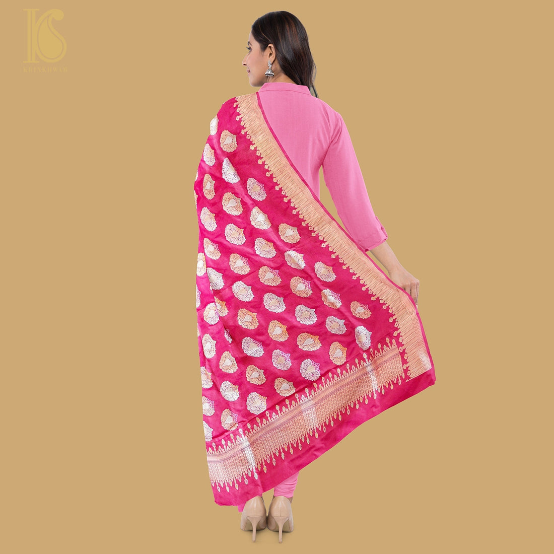 Cerise Pink Handwoven Pure Katan Silk Mor Boota Banarasi Kadwa Dupatta - Khinkhwab