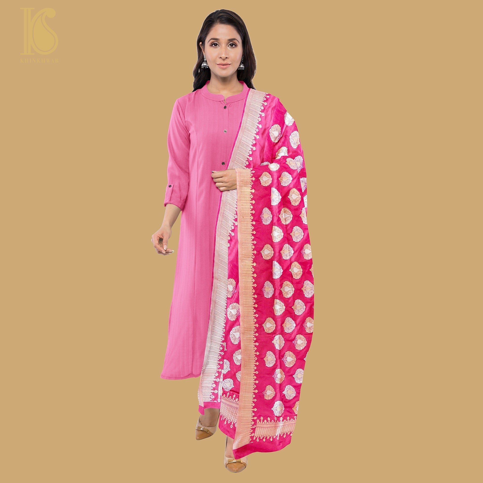 Cerise Pink Handwoven Pure Katan Silk Mor Boota Banarasi Kadwa Dupatta - Khinkhwab