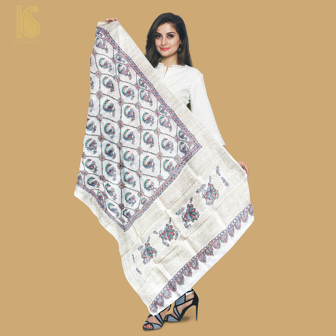 Handloom Pure Tussar Silk Hand Painted Madhubani Banarasi Dupatta - Khinkhwab