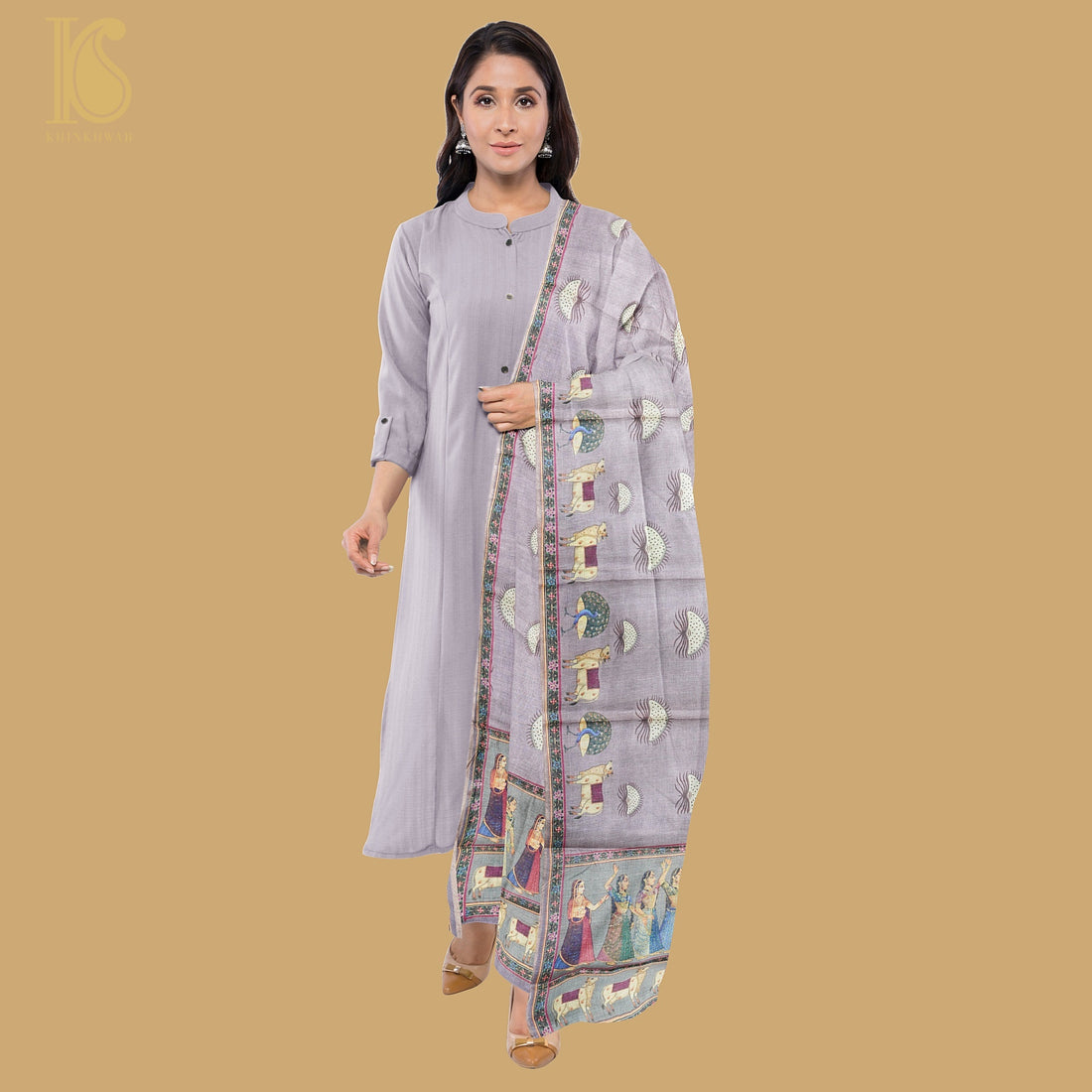 Pure Tussar Silk Lady & Cow Print Dupatta - Khinkhwab