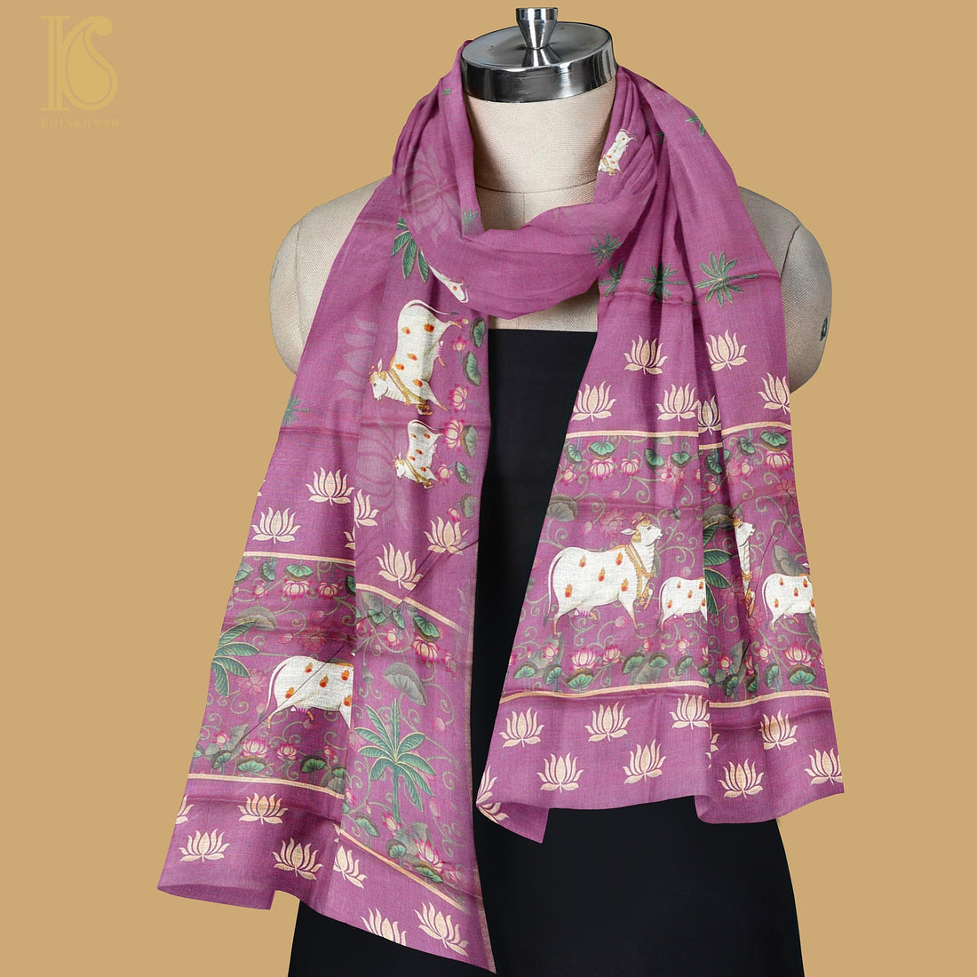 Pure Tussar Silk Cow & Lotus Print Dupatta - Khinkhwab