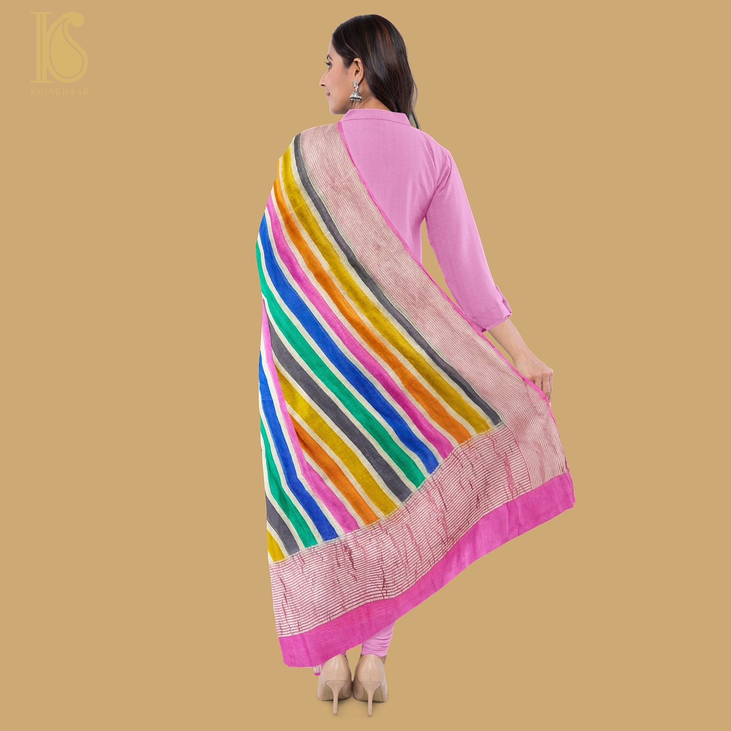 Pink Pure Georgette Handloom Banarasi Stripes Dupatta - Khinkhwab