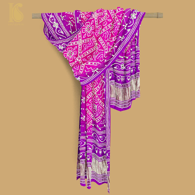 Pink & Purple Gajji Silk Bandhani Gotta Patti & Mirror Work Dupatta - Khinkhwab