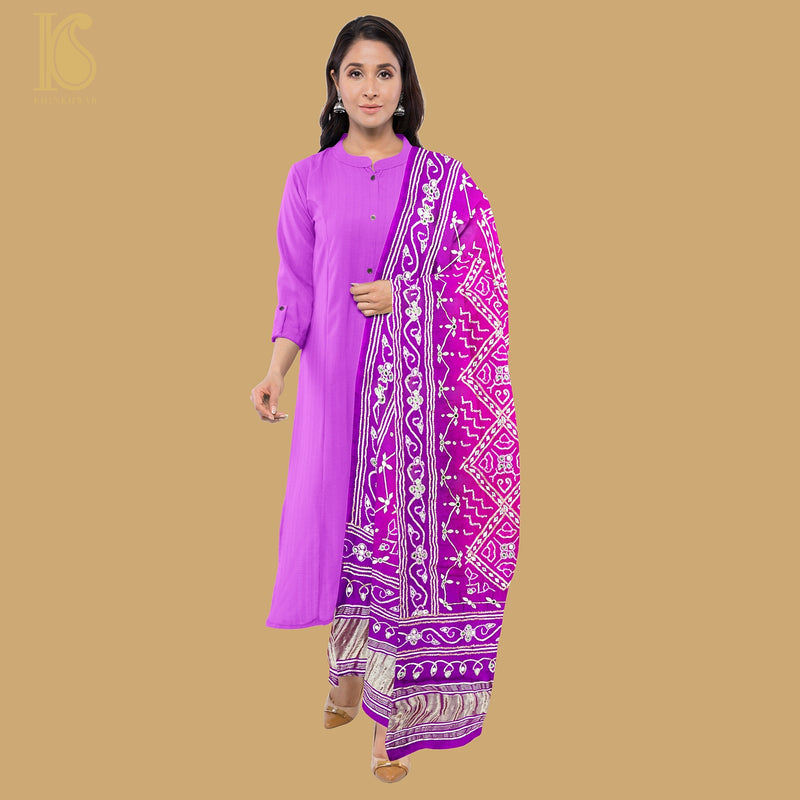 Pink & Purple Gajji Silk Bandhani Gotta Patti & Mirror Work Dupatta - Khinkhwab