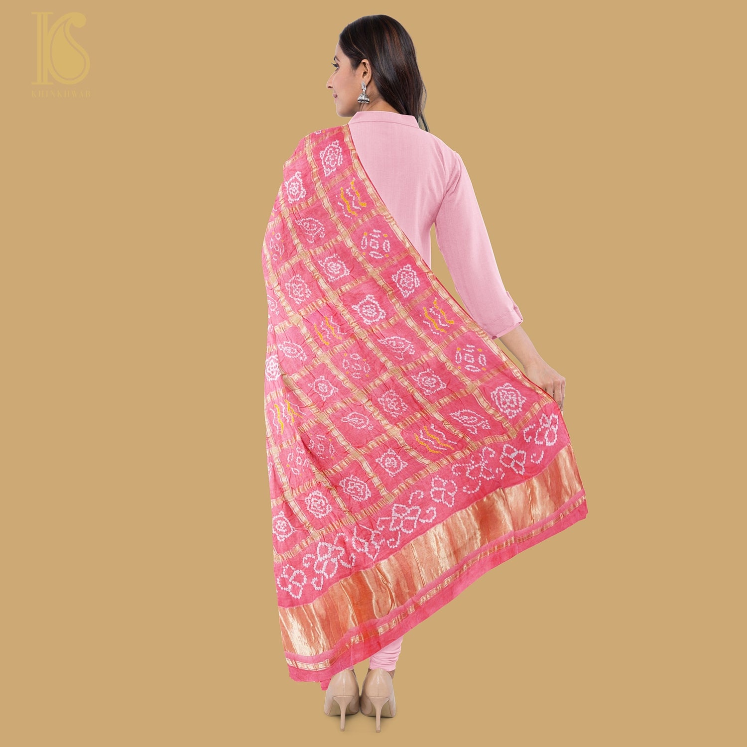 Blush Pink Pure Gajji Silk Bandhani Dupatta - Khinkhwab