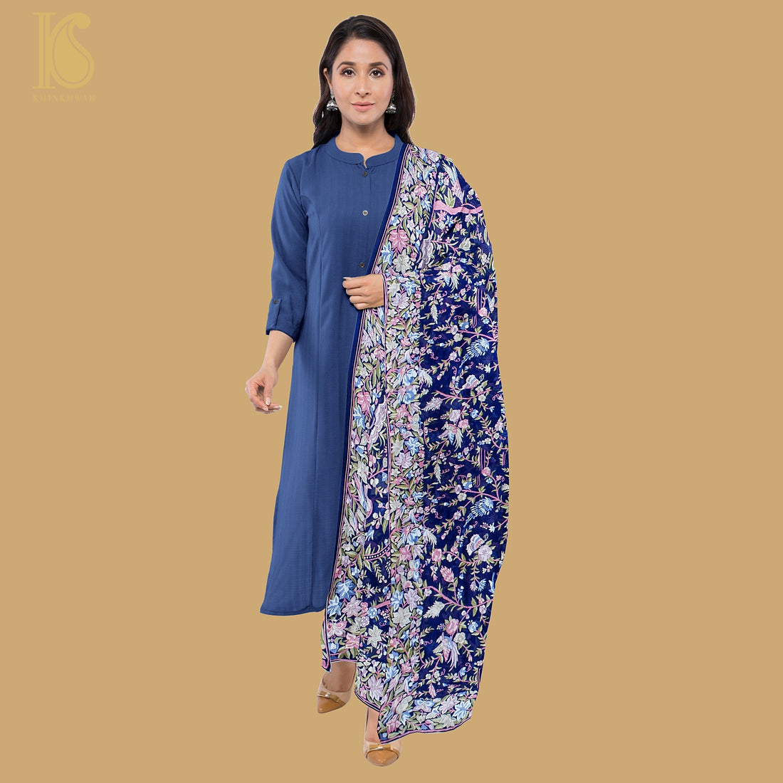 Sapphire Blue Handcrafted Parsi Gara Pure Georgette Dupatta - Khinkhwab