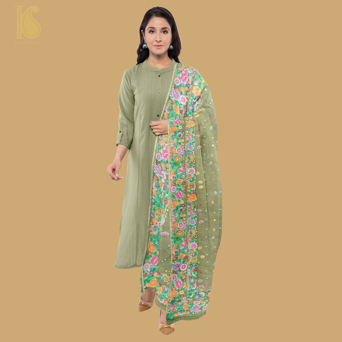 Pastel Green Pure Organza Silk Dupatta with Hand Print - Khinkhwab