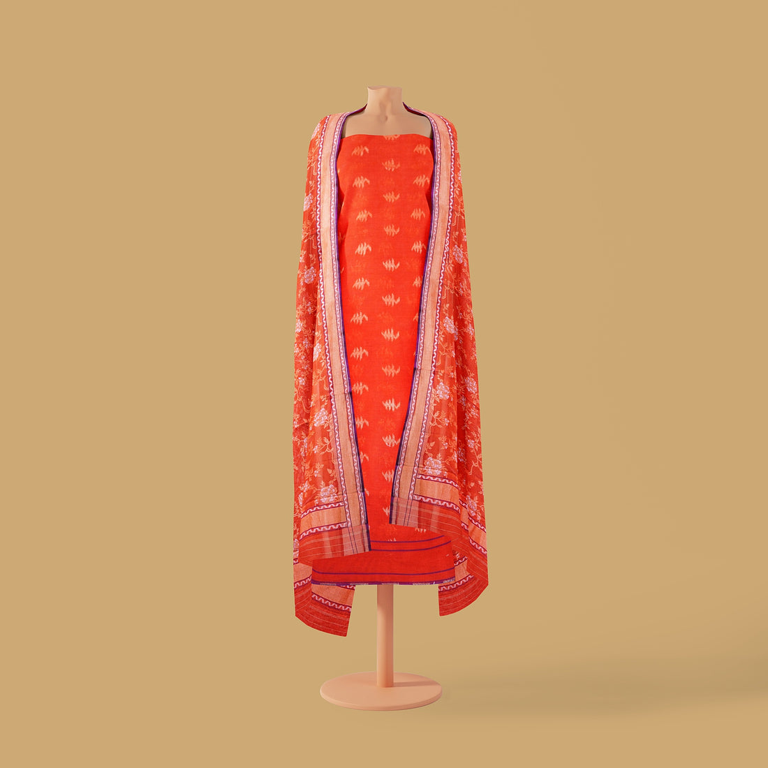 Red Orange Handloom Pure Cotton Banarasi Jamdani Ektara Suit Fabric Set - Khinkhwab