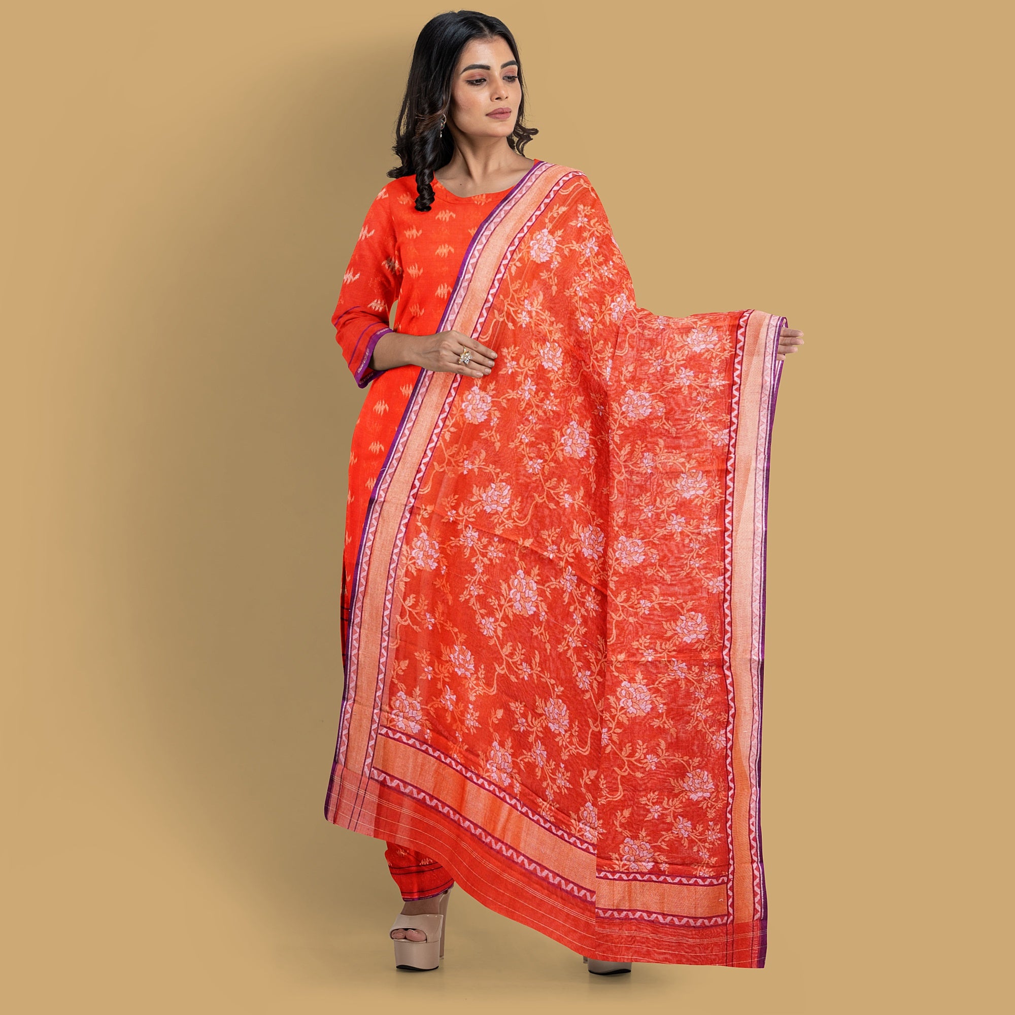 Red Orange Handloom Pure Cotton Banarasi Jamdani Ektara Suit Fabric Set - Khinkhwab