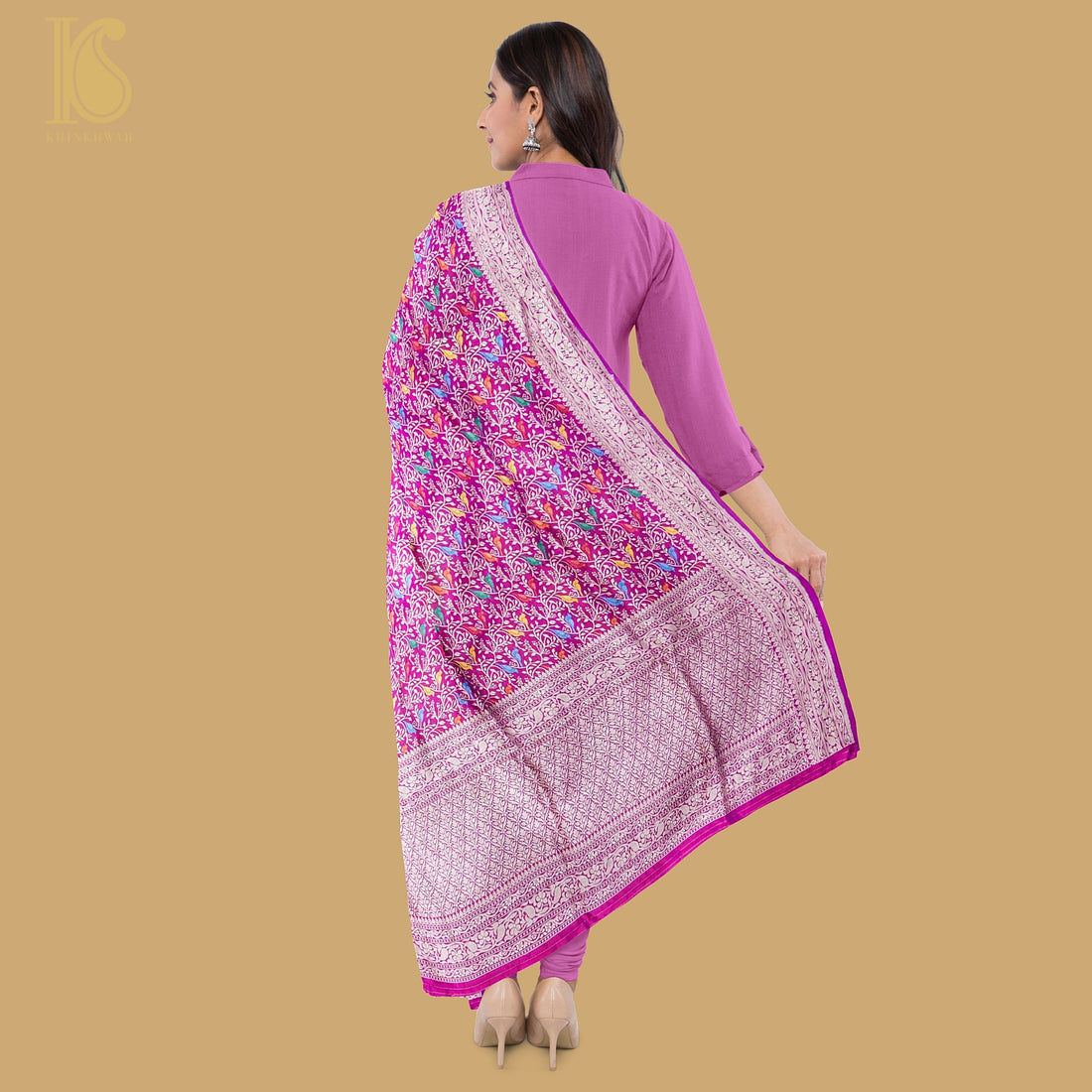 Purple Pure Katan Silk Handwoven Banarasi Jaal Chidiya Dupatta - Preorder - Khinkhwab