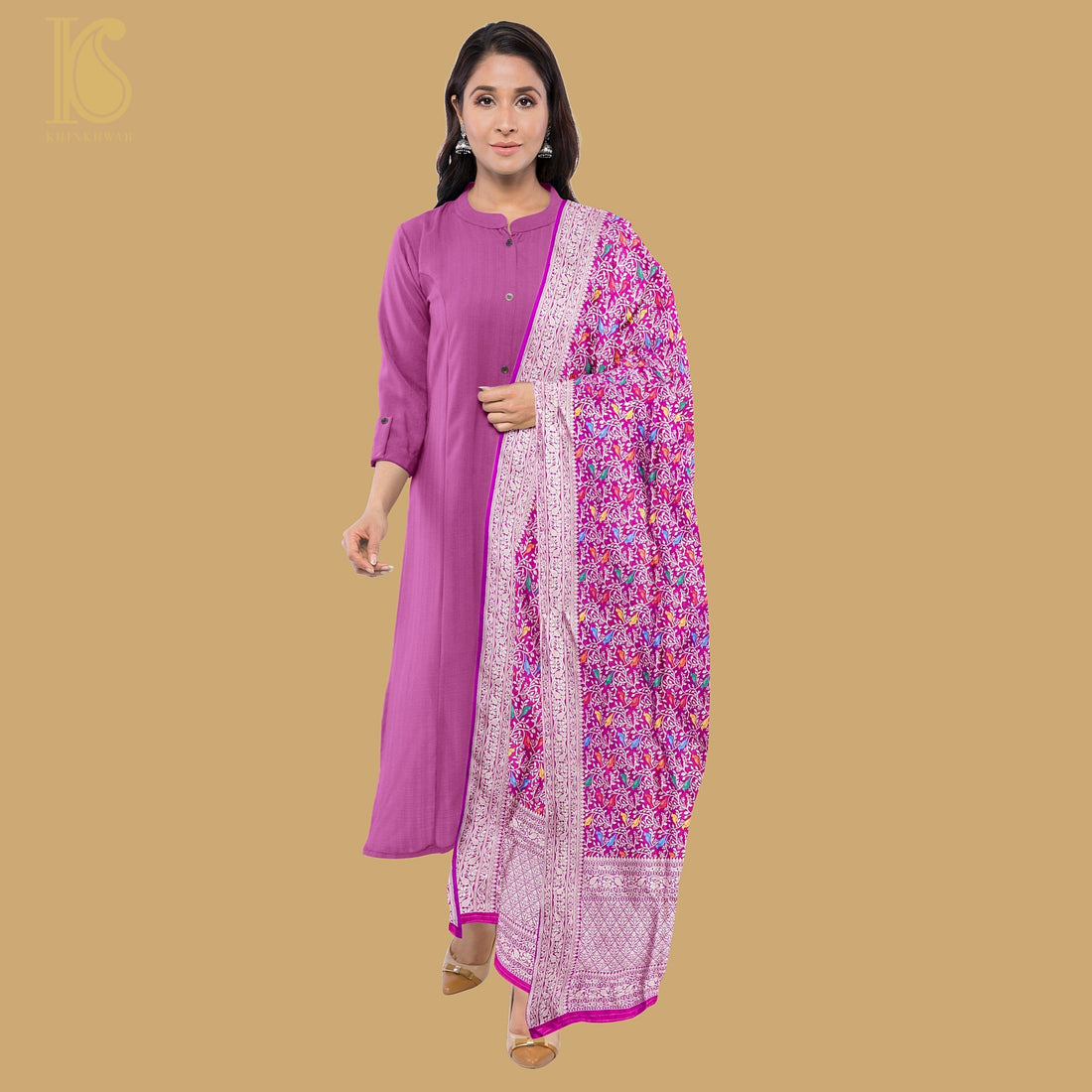 Purple Pure Katan Silk Handwoven Banarasi Jaal Chidiya Dupatta - Preorder - Khinkhwab
