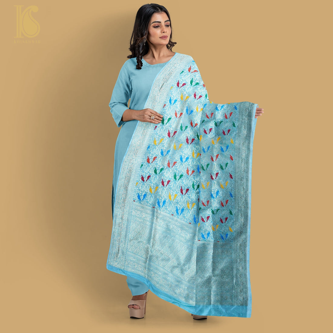 Blue Pure Katan Silk Handwoven Banarasi Jaal Chidiya Dupatta - Khinkhwab