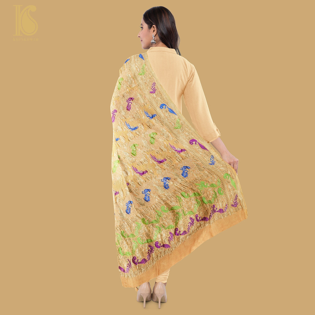 Birds of Paradise Yellow Pure Georgette Handloom Banarasi Bandhani Dupatta - Khinkhwab