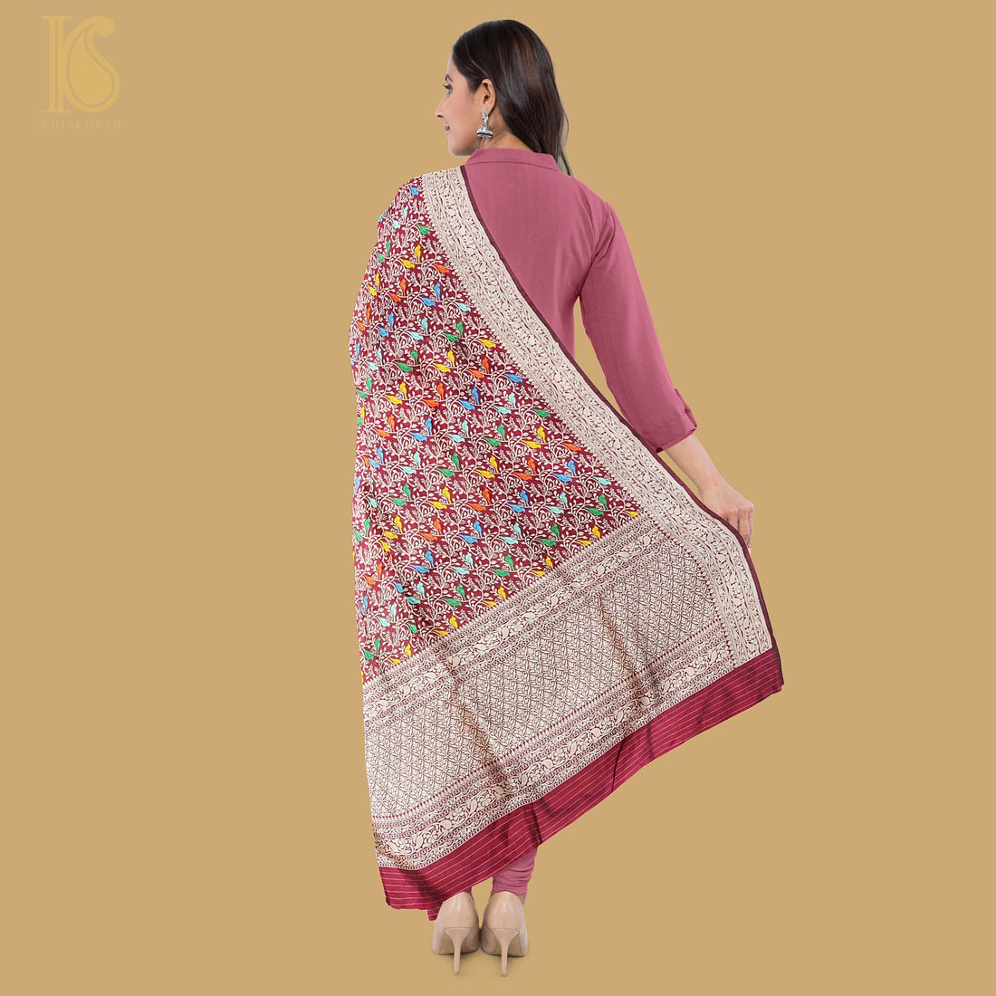 Preorder : Mandy Red Handloom Pure Katan Silk Pink Banarasi Chidiya Dupatta - Khinkhwab