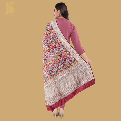 Preorder : Mandy Red Handloom Pure Katan Silk Pink Banarasi Chidiya Dupatta - Khinkhwab