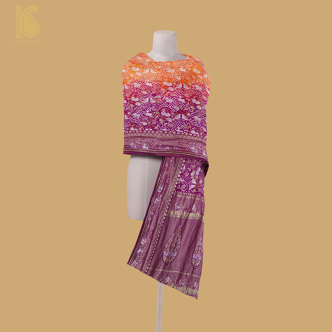 Purple & Orange Georgette Handloom Bandhani Banarasi Birds Dupatta - Khinkhwab