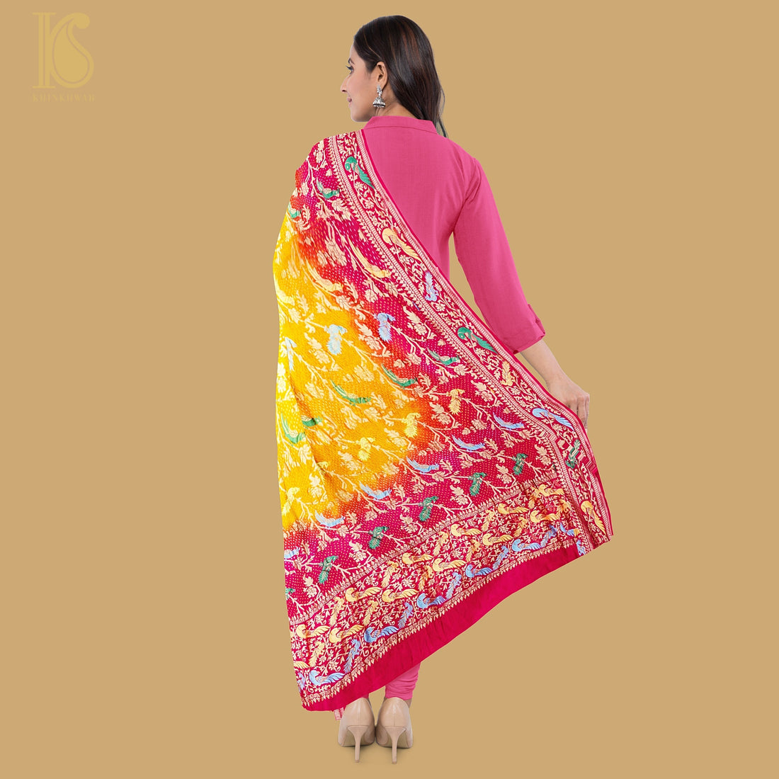 Birds of Paradise : Red Pure Georgette Handloom Banarasi Bandhani Dupatta - Khinkhwab