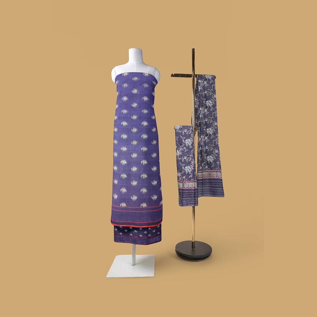 Blue Handloom Pure Cotton Banarasi Jamdani Ektara Suit Fabric Set - Khinkhwab