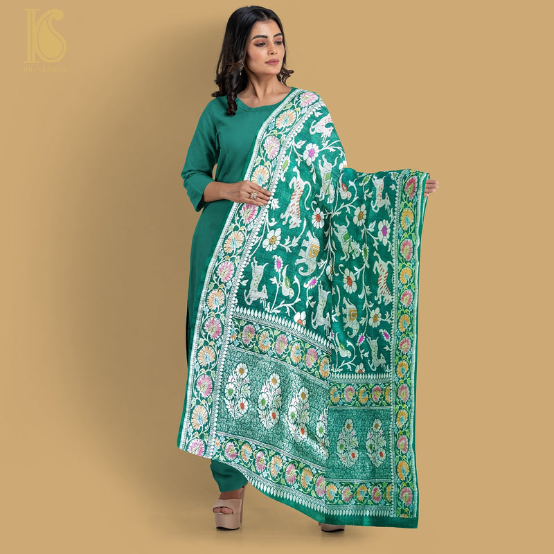 Preorder : Evening Sea Green Pure Tussar Silk Handloom Banarasi Shikargah Dupatta - Khinkhwab