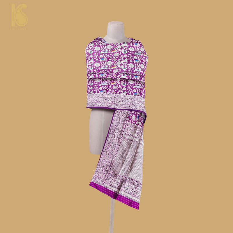 Violet Blue Pure Katan Silk Handwoven Banarasi Shikargah Dupatta - Khinkhwab