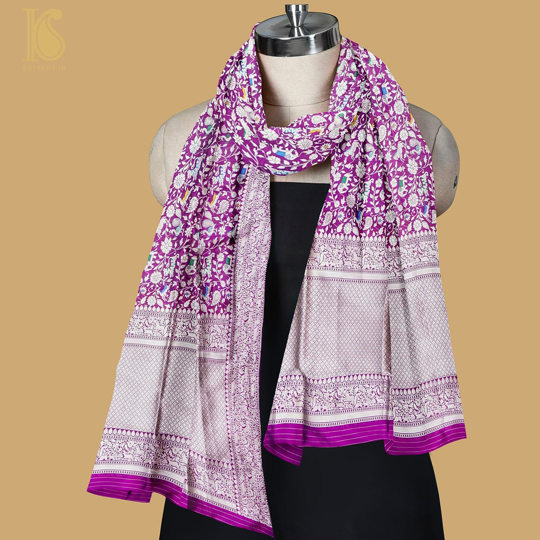 Violet Blue Pure Katan Silk Handwoven Banarasi Shikargah Dupatta - Khinkhwab