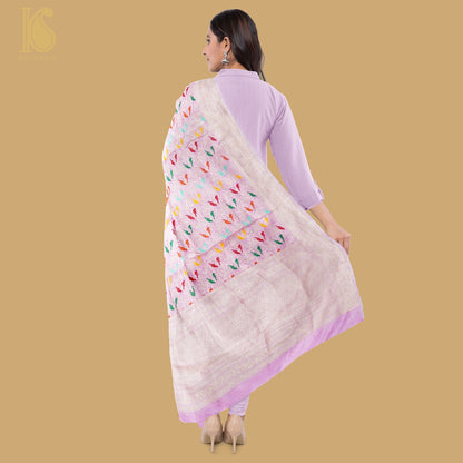 Preorder - Baby Pink Handloom Pure Katan Silk Pink Banarasi Chidiya Dupatta - Khinkhwab