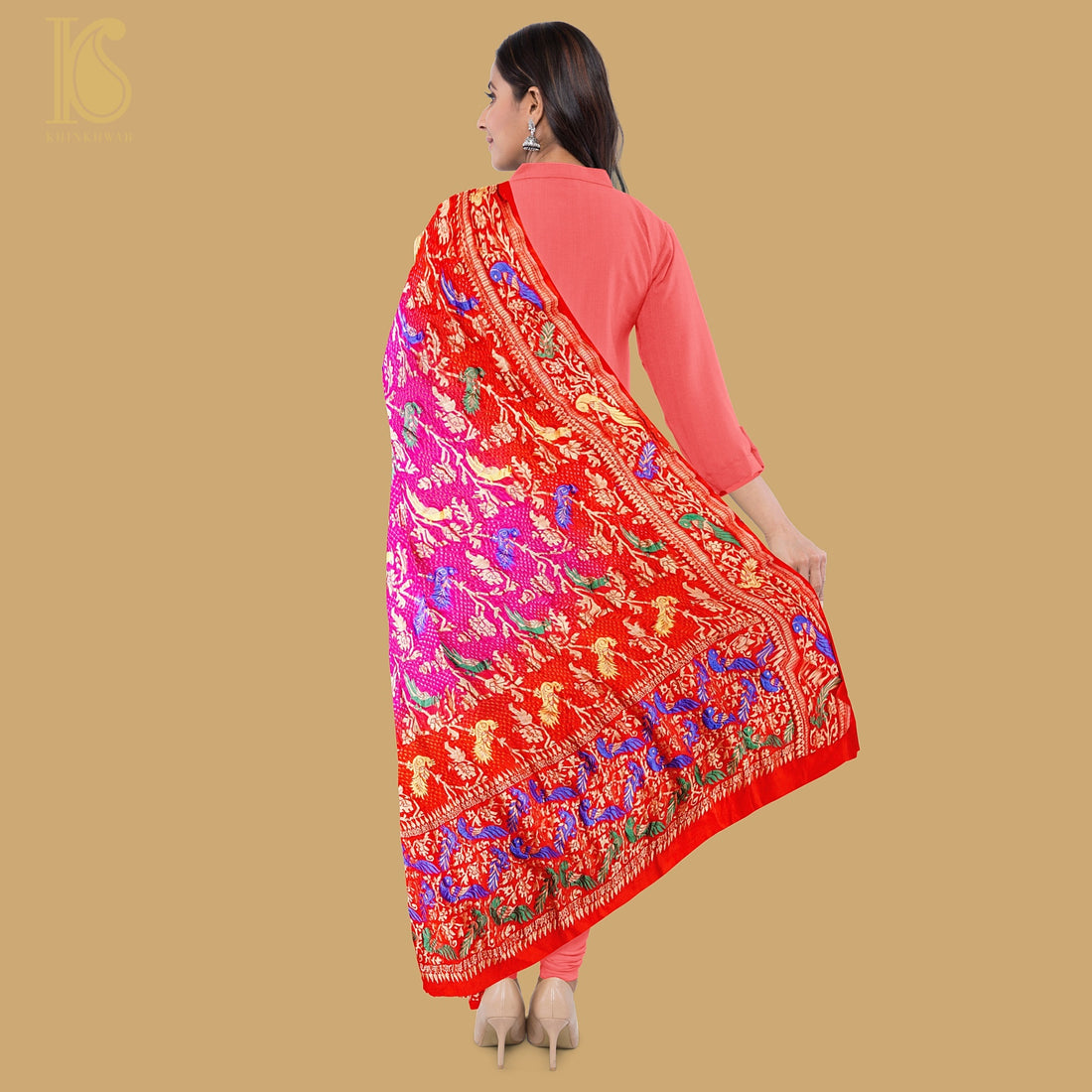 Birds of Paradise : Red & Pink Georgette Bandhani Handloom Banarasi  Dupatta - Preorder - Khinkhwab