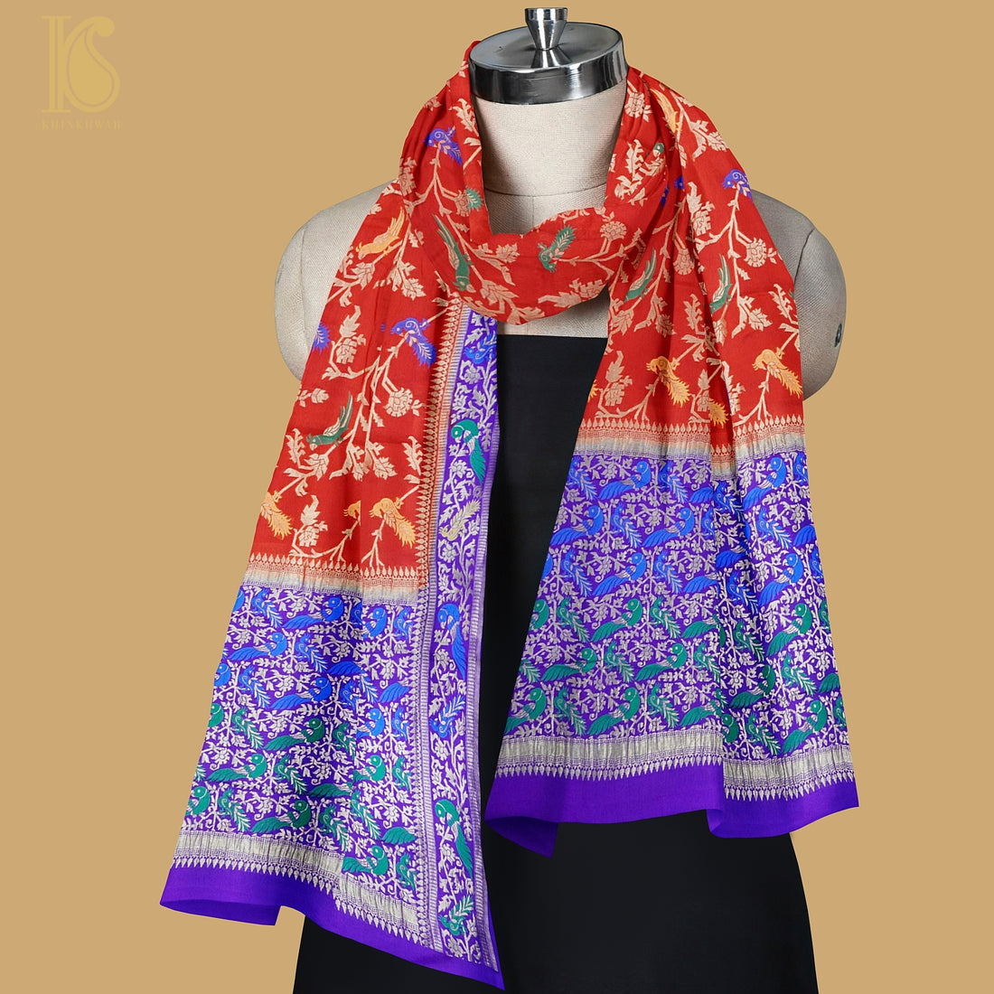 Birds of Paradise : Blue & Red Pure Georgette Banarasi Meenakari Double Border Dupatta - Preorder - Khinkhwab
