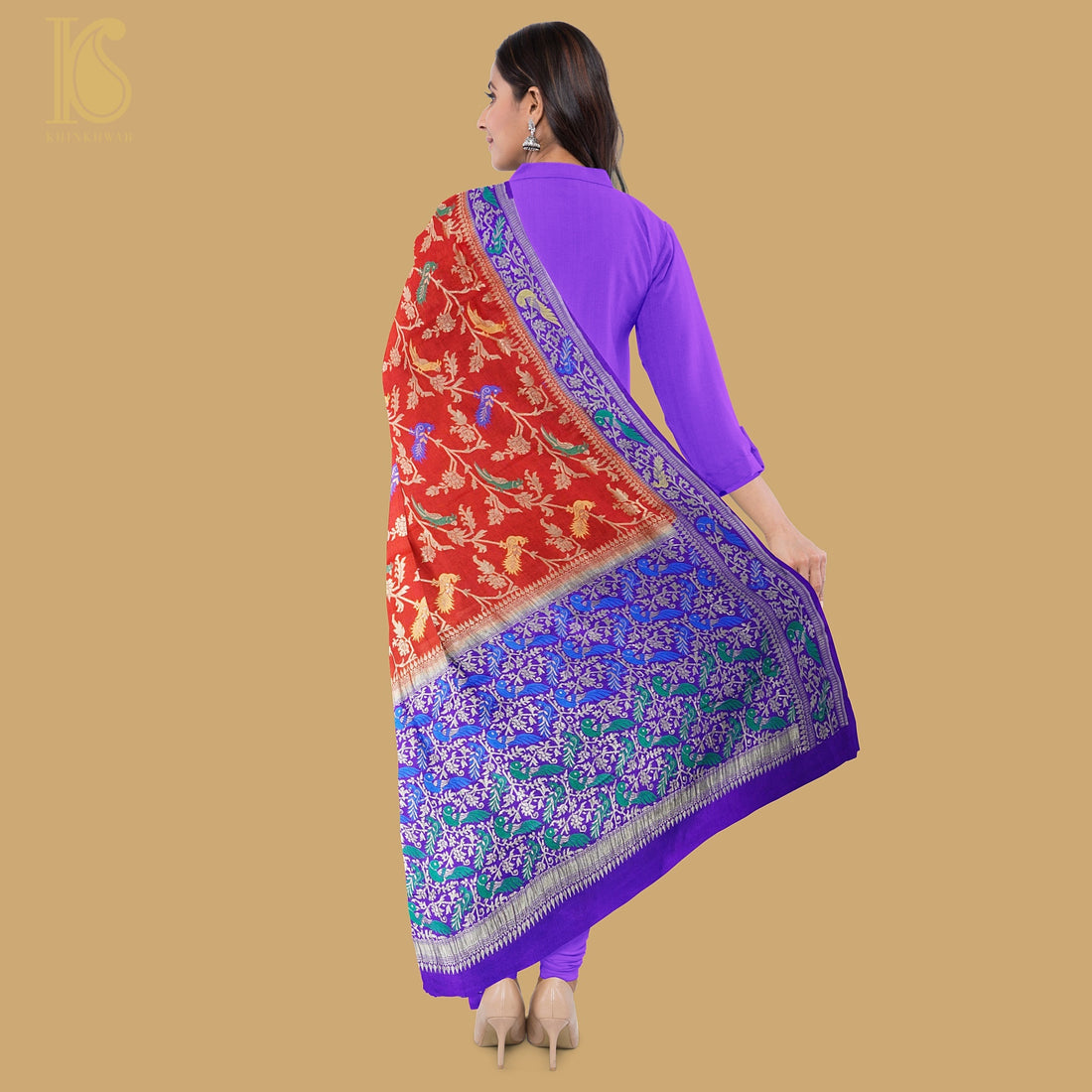 Birds of Paradise : Blue & Red Pure Georgette Banarasi Meenakari Double Border Dupatta - Preorder - Khinkhwab