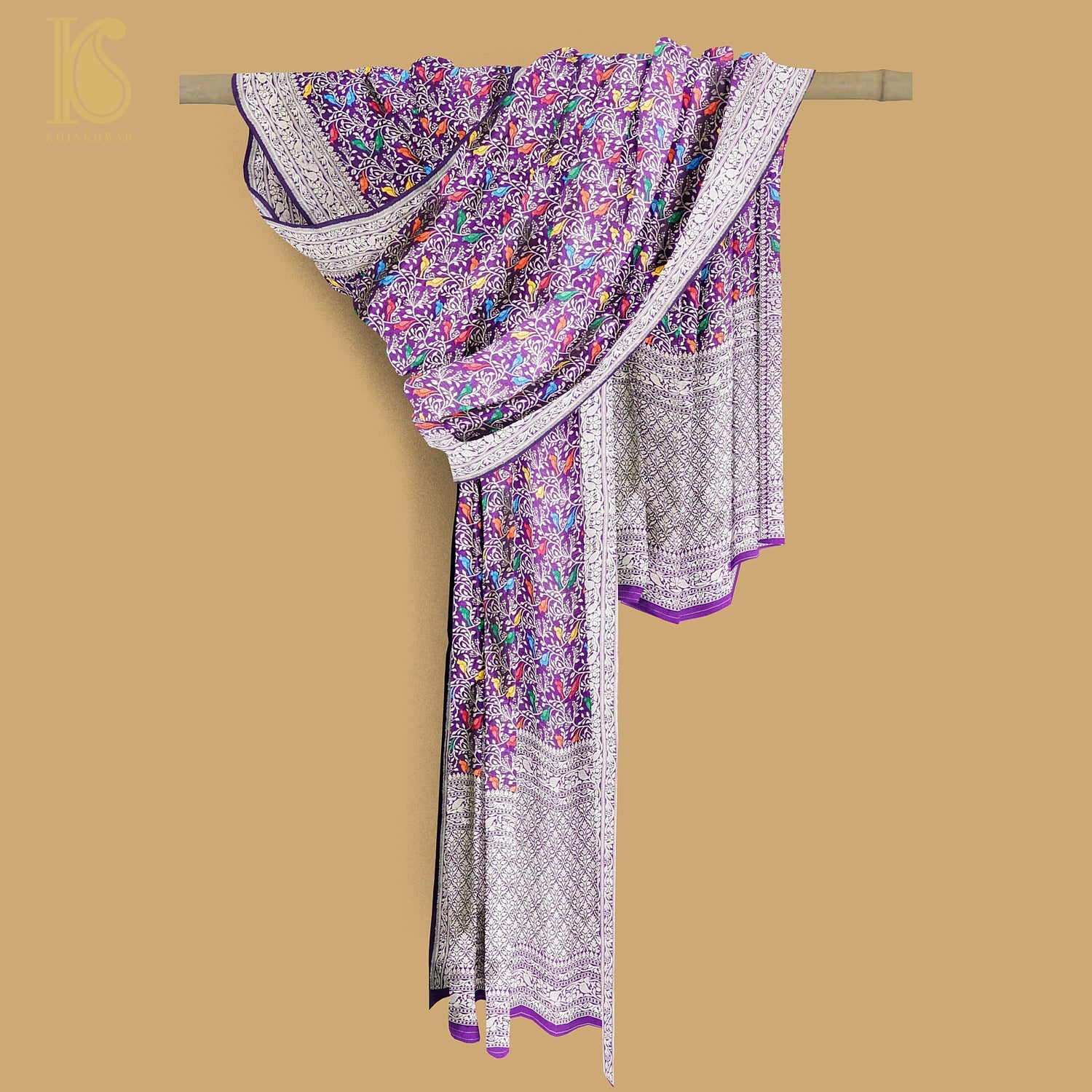 Purple Pure Katan Silk Handwoven Banarasi Jaal Chidiya Dupatta - Preorder - Khinkhwab