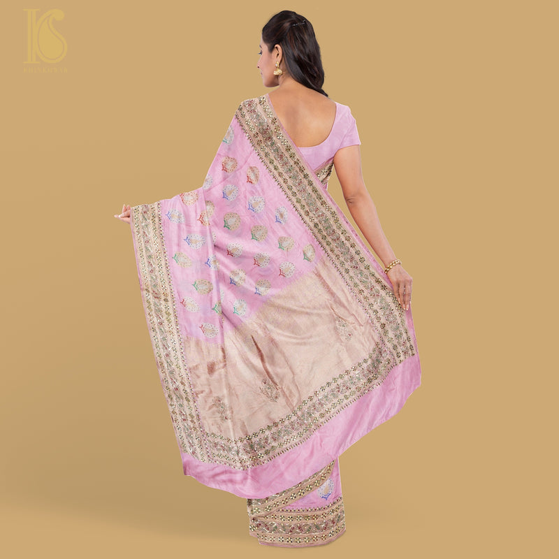 Twilight Pink Handwoven Banarasi Silk Mor Boota Embroidery Border Kadwa Saree - Khinkhwab