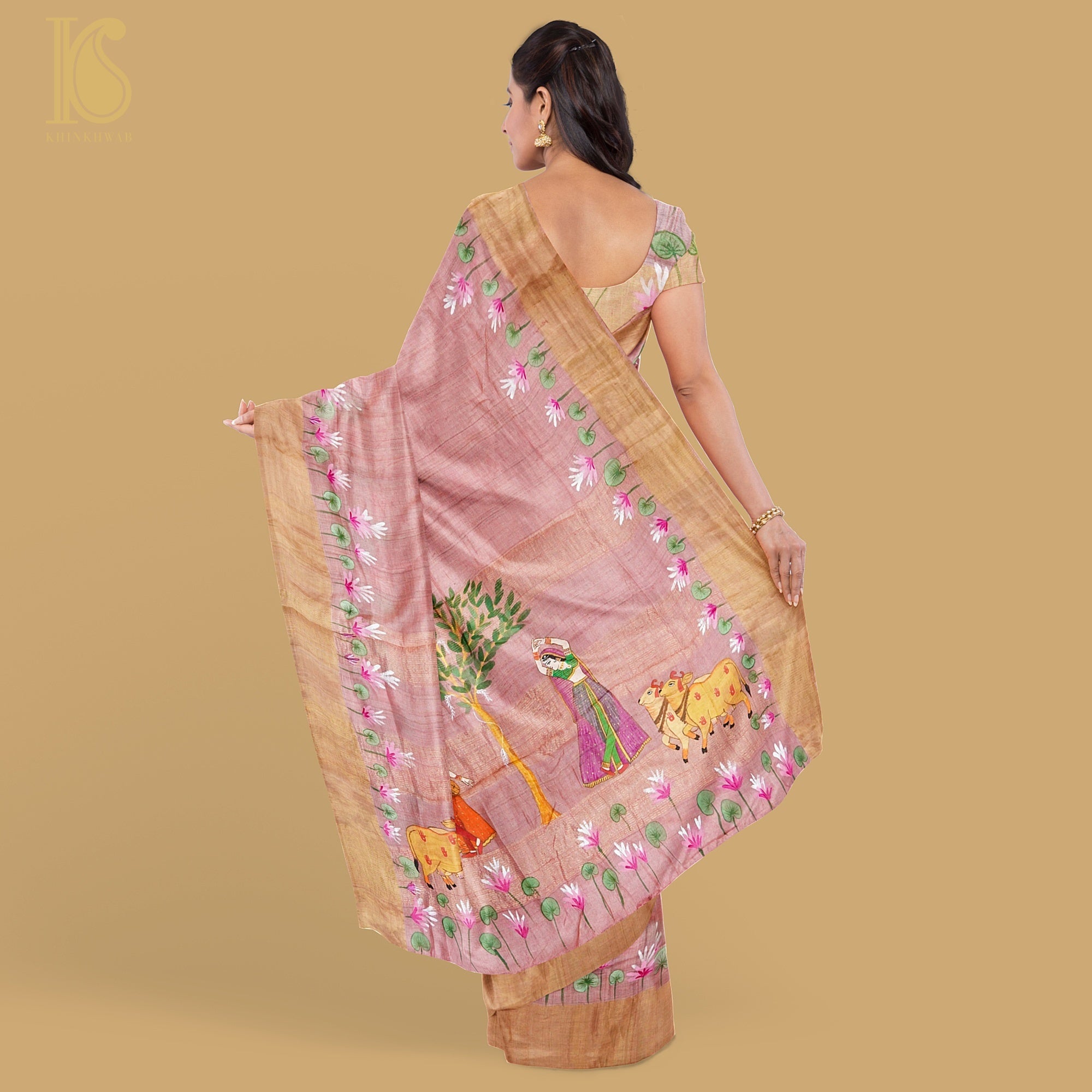 Handwoven pure Tussar silk saree with ghicha pallu in black and yellowish  beige color