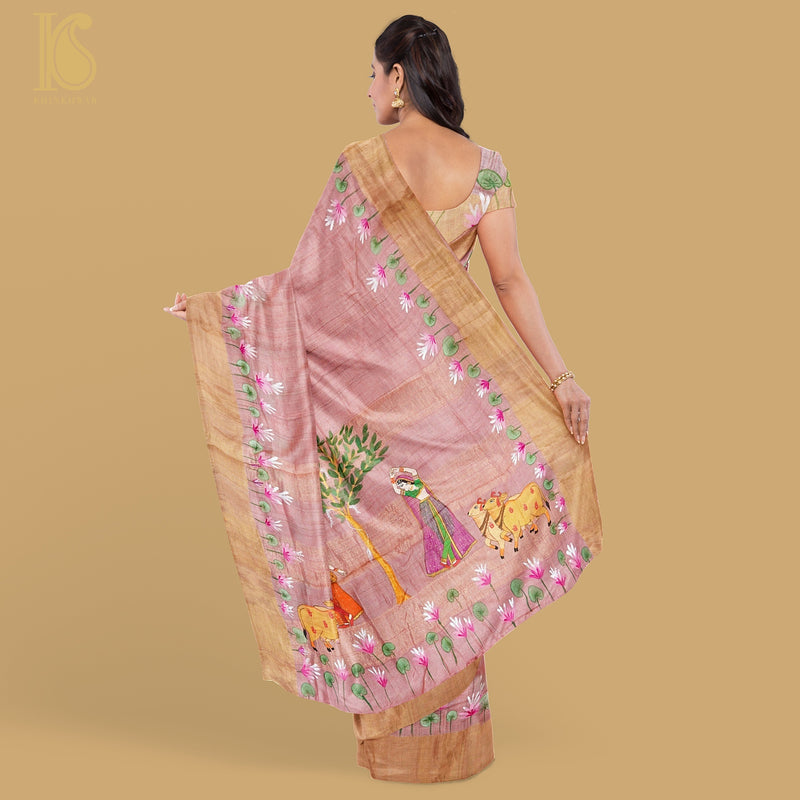 Petite Orchid Ghicha Tussar Banarasi Silk Hand Painted Saree - Khinkhwab