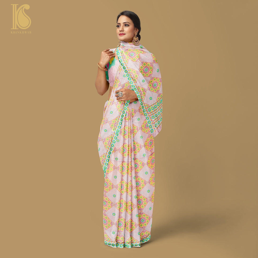 NILUFER -Oyster Pink Pure Raw Silk Print Saree - Khinkhwab