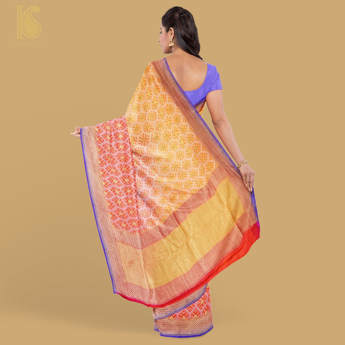 Shaded Orange Pure Georgette Banarasi Honeycomb Saree - Khinkhwab