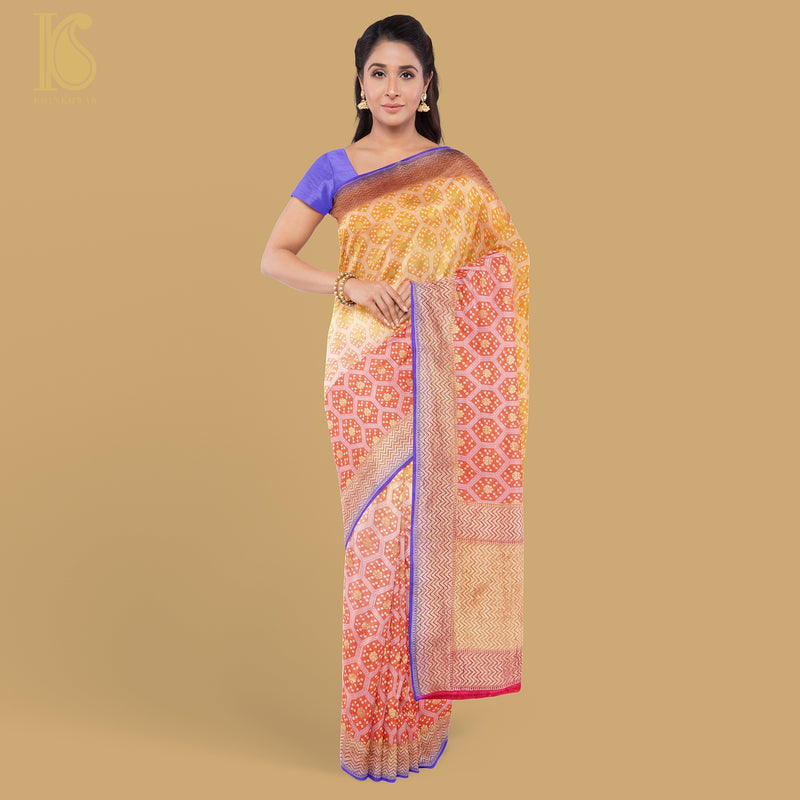 Shaded Orange Pure Georgette Banarasi Honeycomb Saree - Khinkhwab