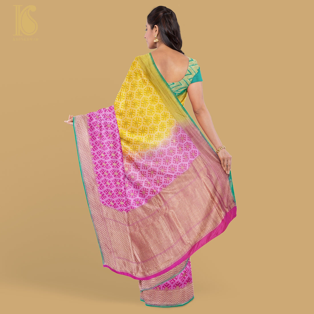 Tea Rose Pink &amp; Yellow Pure Georgette Banarasi Honeycomb Saree - Khinkhwab