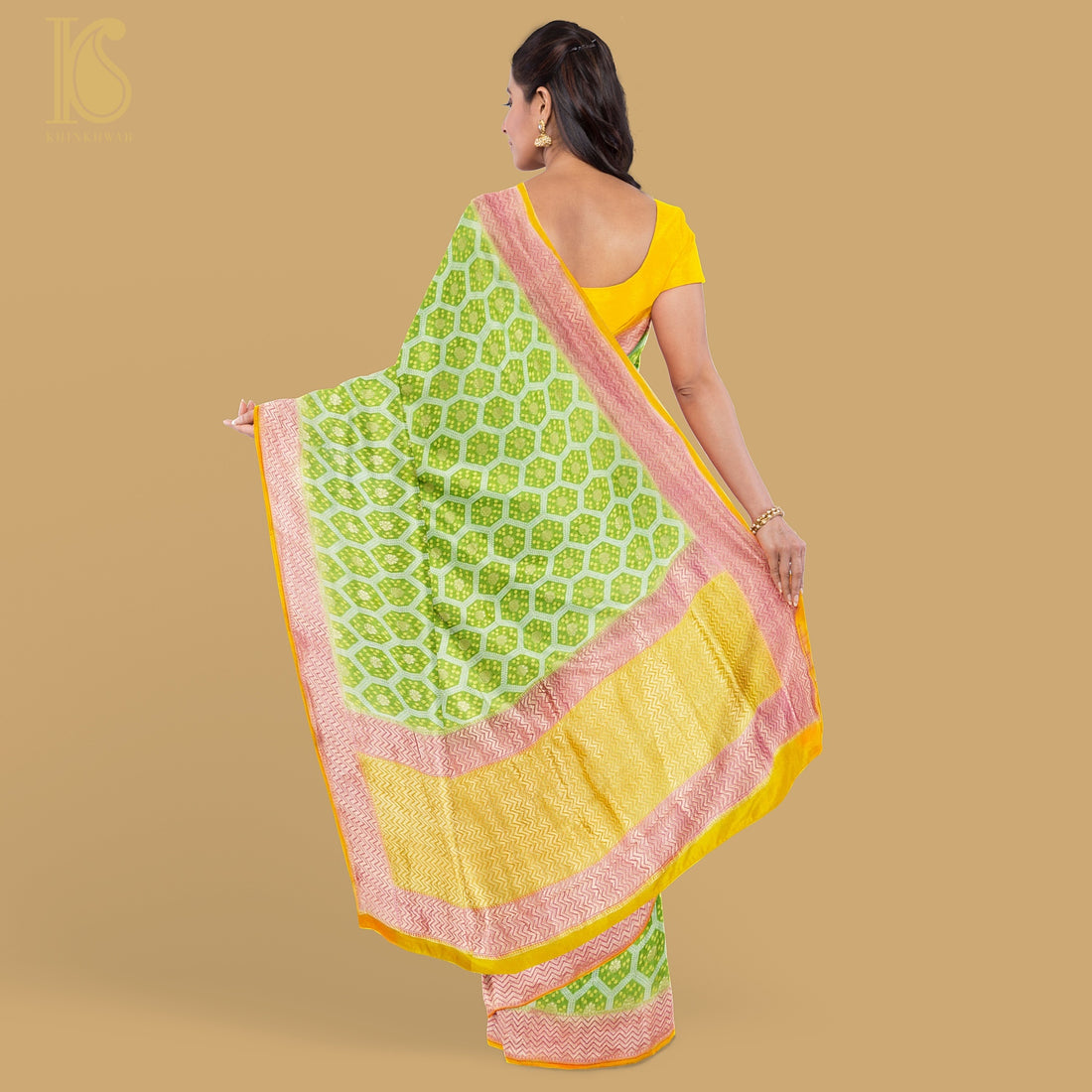 Lima Green Pure Georgette Banarasi Honeycomb Saree - Khinkhwab