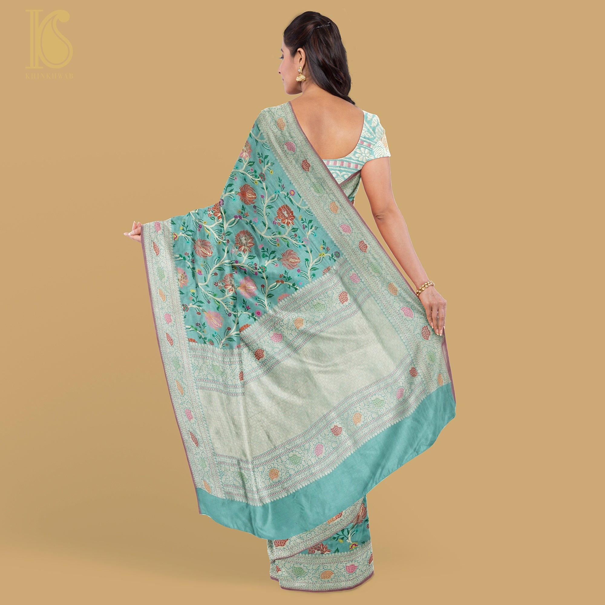 Tradewind Blue Pure Katan Silk Handloom Banarasi Kadwa Meenakari Jaal Saree - Khinkhwab