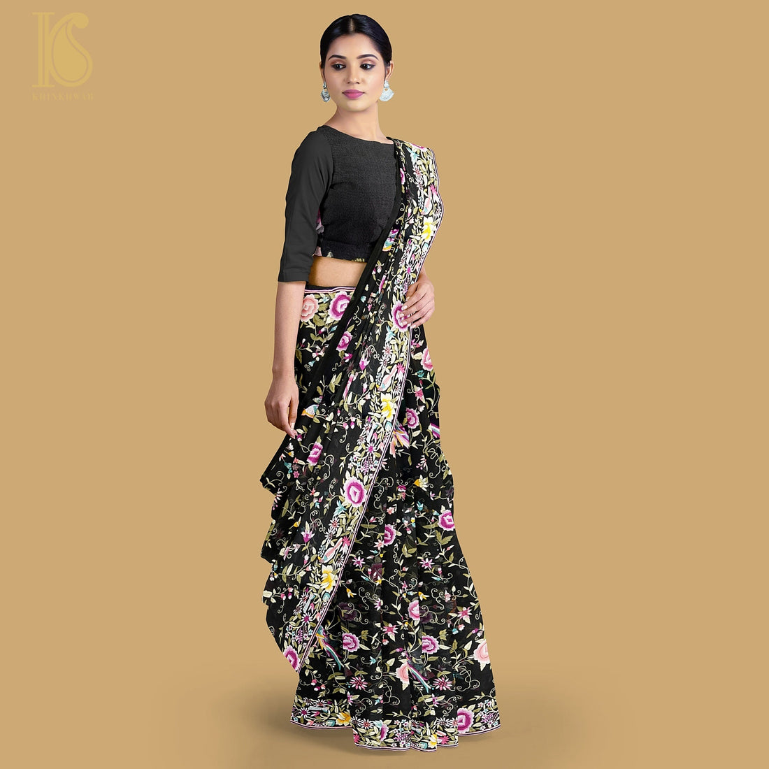 Black Handcrafted Parsi Gara Pure Georgette Jaal Saree - Khinkhwab