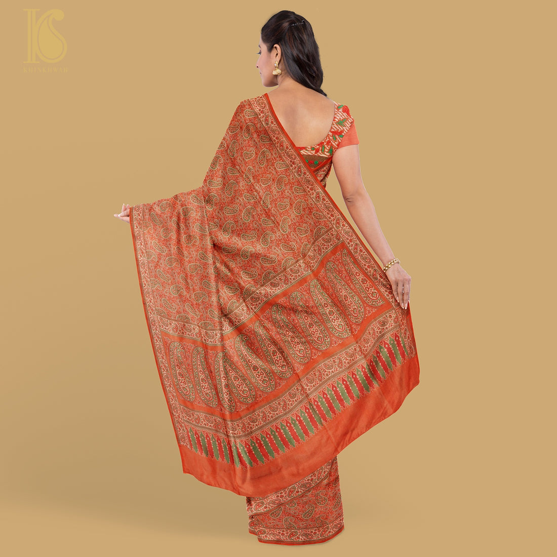 Cinnabar Orange Pure Katan Silk Handloom Banarasi Jamawar Tanchoi Saree - Khinkhwab