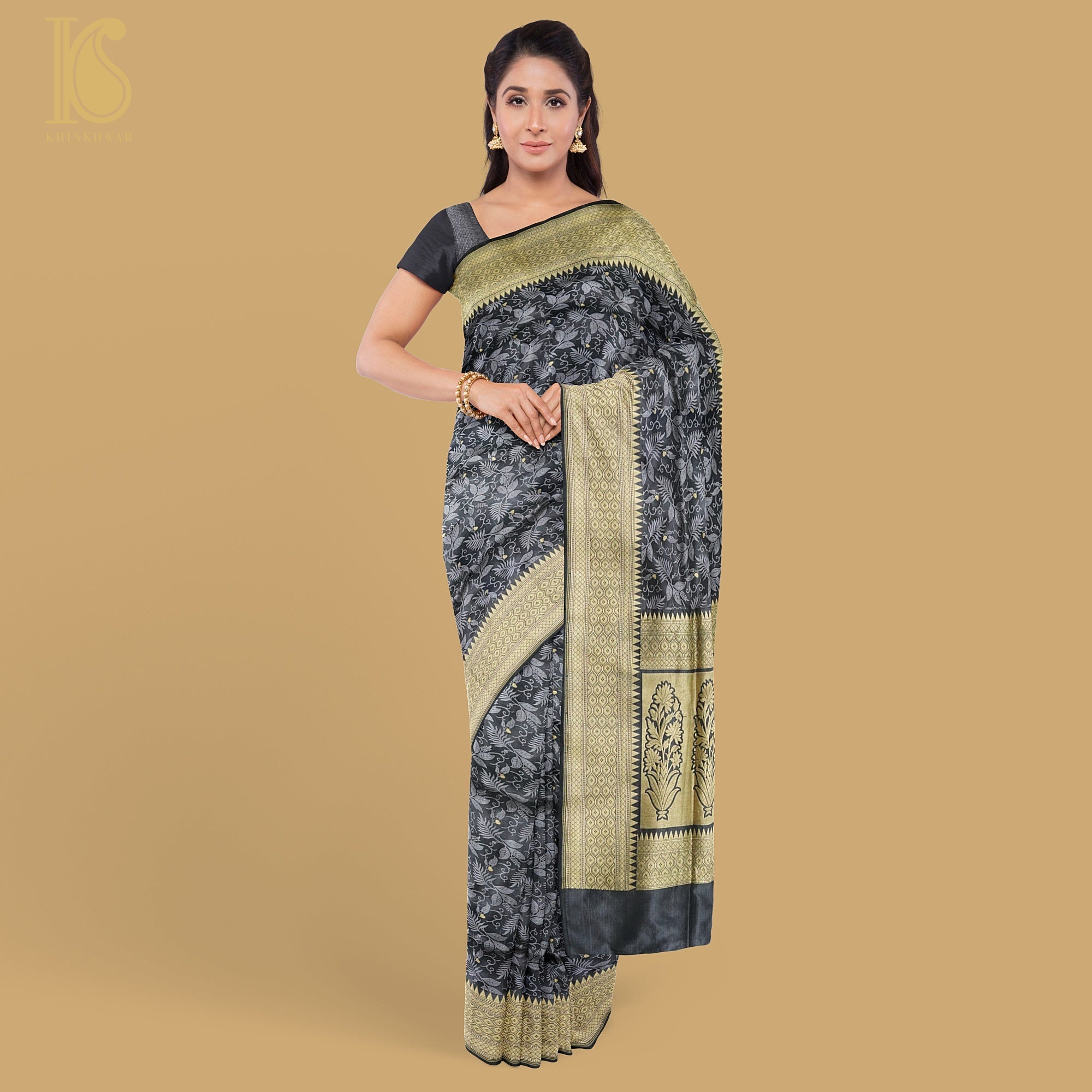 Black Pure Katan Silk Handloom Banarasi Tanchoi Saree - Khinkhwab