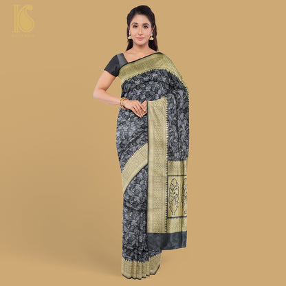 Black Pure Katan Silk Handloom Banarasi Tanchoi Saree - Khinkhwab