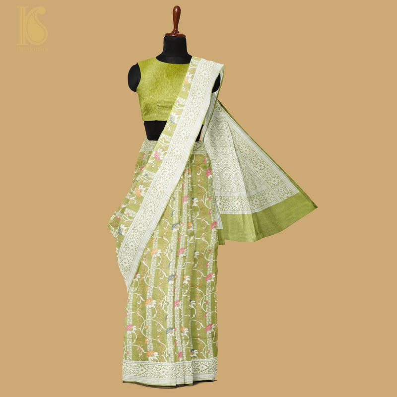 Olive Green Pure Tussar by Georgette Silk Handloom Banarasi Saree - Khinkhwab