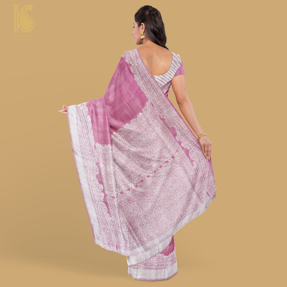 Puce Pink Pure Tussar by Georgette Silk Handloom Banarasi Saree - Khinkhwab