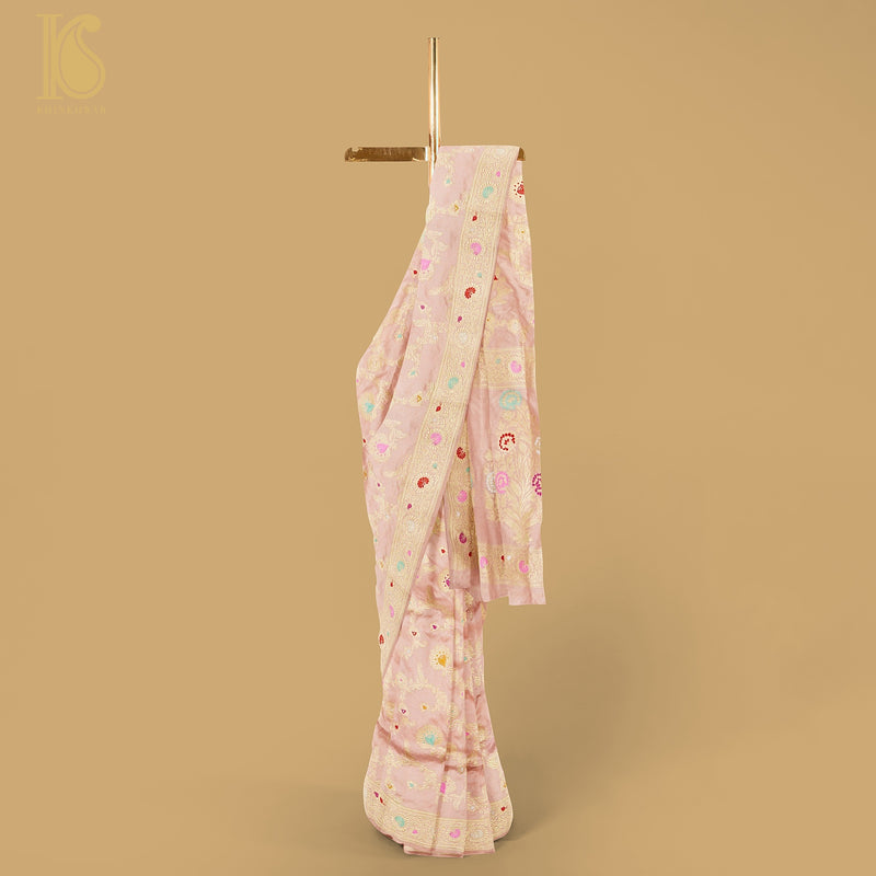 Rose Pink Handloom Banarasi Pure Katan Silk Kadwa Jaal Saree - Khinkhwab