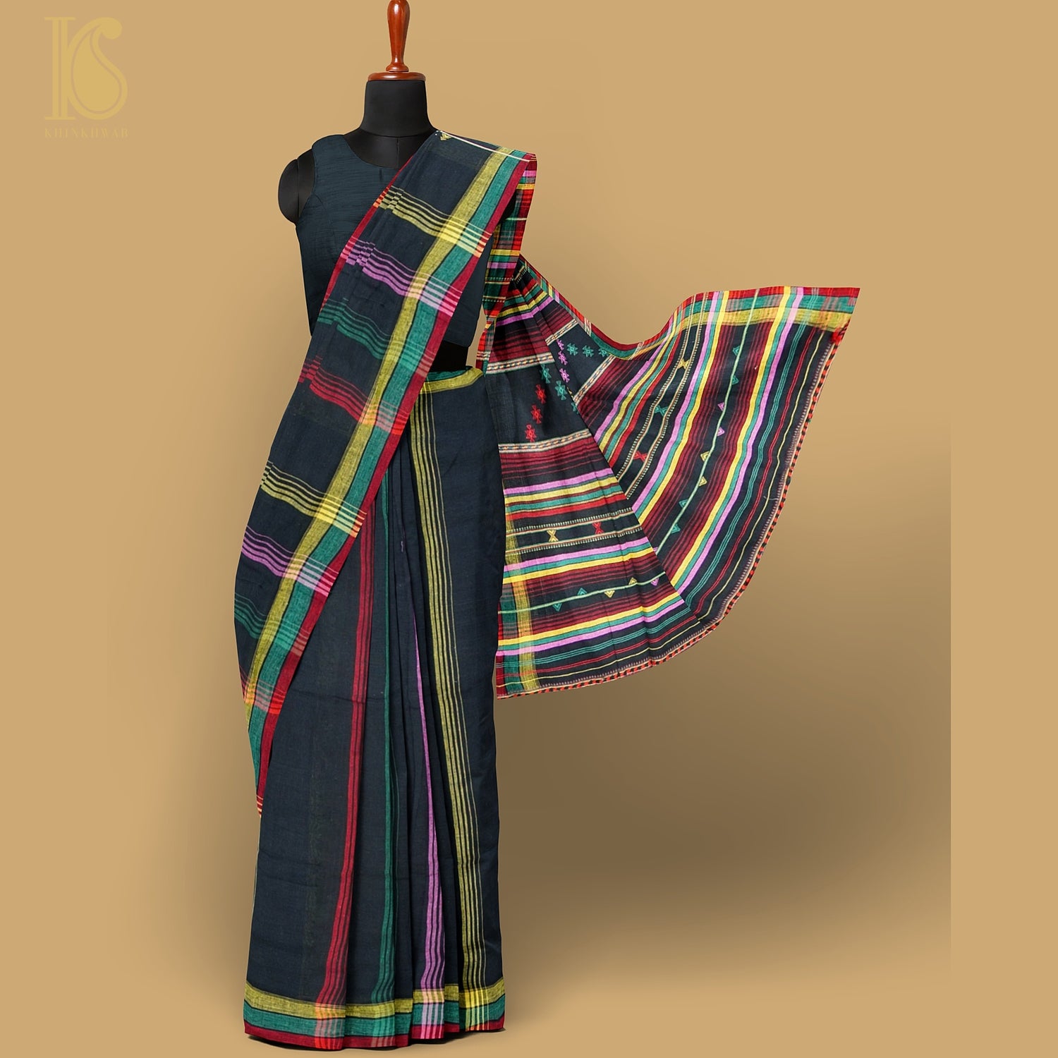 Black Pure Kala Cotton Handwoven Bhujodi Saree - Khinkhwab