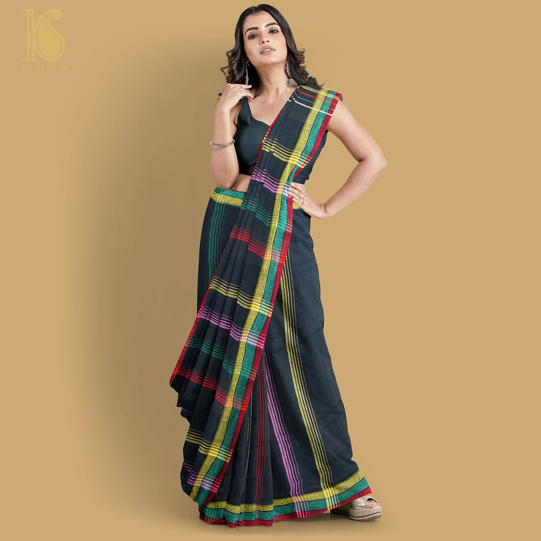 Black Pure Kala Cotton Handwoven Bhujodi Saree - Khinkhwab