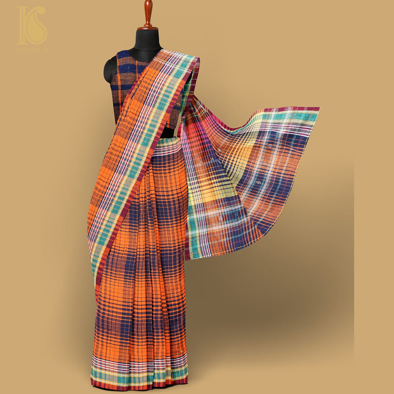 Flamingo Orange Pure Kala Cotton Handwoven Bhujodi Checks Saree - Khinkhwab